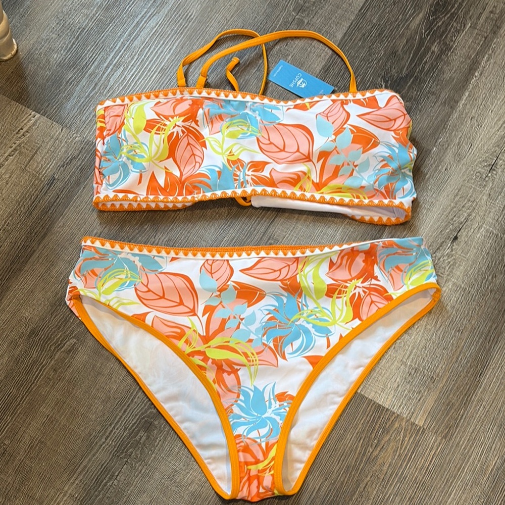 Floral Bikini Set with Orange Trim